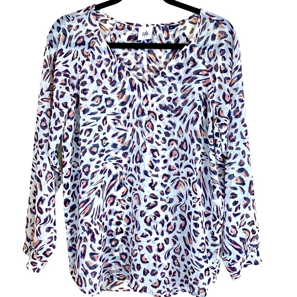 CAbi Glamour Blouse White Leopard Animal Print Sheer V-Neck 5337
